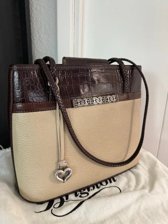 Brighton Liana Bone/Choc Satchel with Dust Cover and Box - Picture 1 of 11